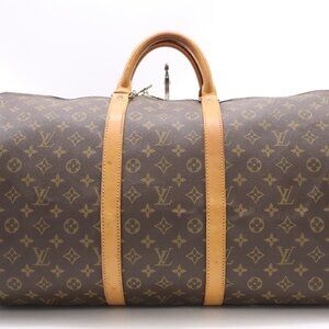 Louis Vuitton Brown Monogram Keepall Duffle with Tan Leather Trim